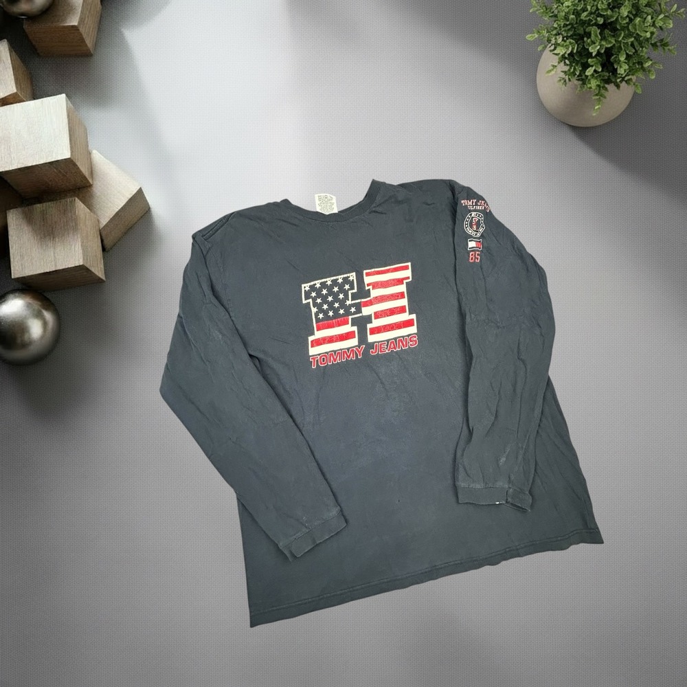 Vintage Tommy Jeans Long Sleeve T-Shirt Navy‎ Blue American Flag 90s Y2K 1157